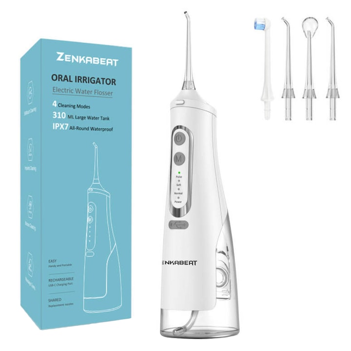 Irigator Oral Profesional ZENKABEAT Portabil pentru Dus Bucal, 4 Programe de Lucru, Presiune 40-120PSI, 4 Capete, Rezervor 310ml, IPX7 Waterproof, Baterie 3C 1500 mAh, Incarcare Rapida Type-C, Alb