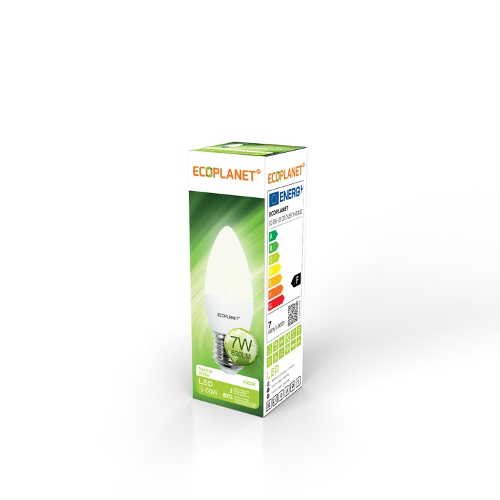 LED крушка Ecoplanet, ECO-0096, C35, E27, 7W (60W), 630LM, F, Неутрална светлина 4000K, Мат