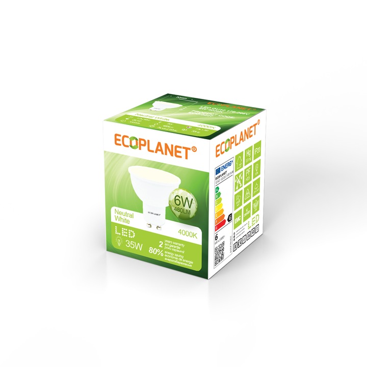 Bec LED Ecoplanet GU10, 6W (35W), 480LM, G, lumina neutra 4000K, Mat