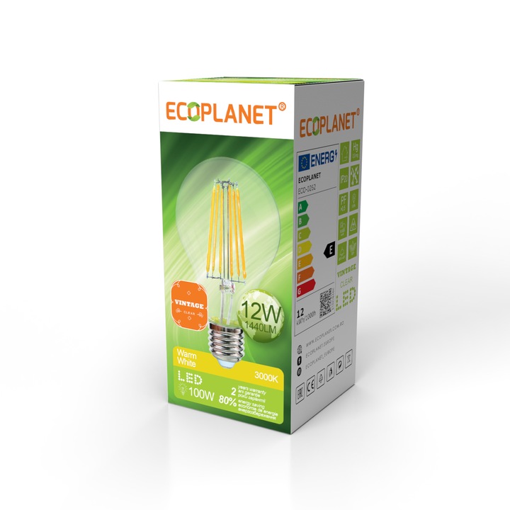 Bec LED A70 filament Ecoplanet Vintage, E27, 12W (100W), 1440 LM, E, lumina calda 3000K, Clar Transparent
