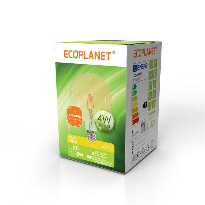 Bec LED G95 filament Ecoplanet Vintage, E27, 4W (35W), 460 LM, E, lumina calda 3000K, Transparent Ambra (Auriu)