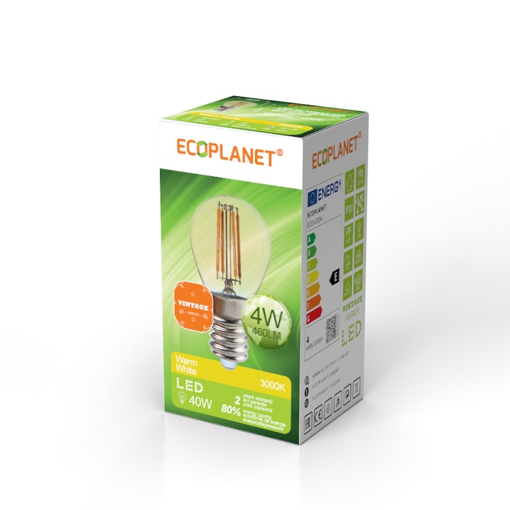 LED крушка Ecoplanet, ECO-0304, Глобус (сферична), Нажежаема жичка, Винтидж, E14, 4W (40W), 460 LM, E, Топла светлина 3000K