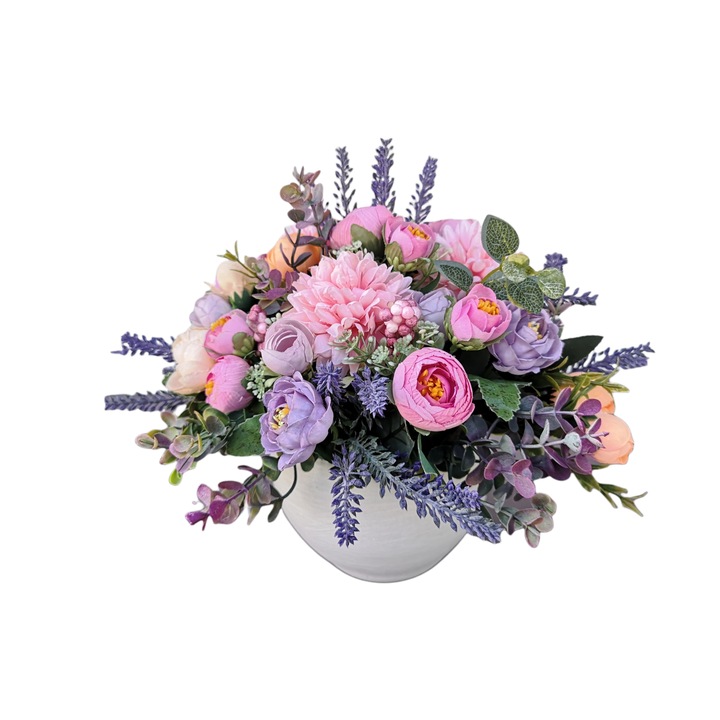 Aranjament floral colorat cu flori artificiale, Dady, diametru 25 cm, in ghiveci ceramic