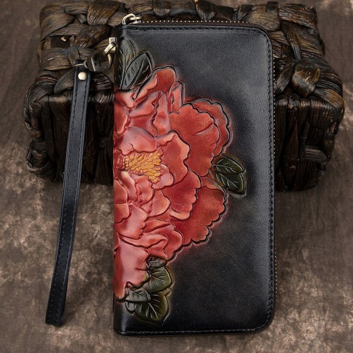 Portofel din piele naturala Dazzling Peony, Grafit