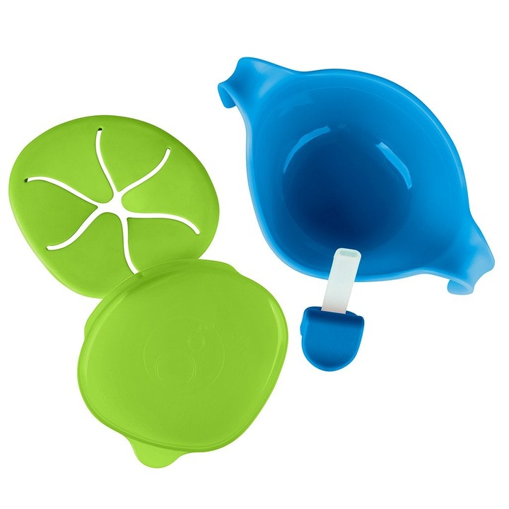 Castron b.box cu manere, pai, capac si capac pentru gustari, albastru cu verde, 6m+