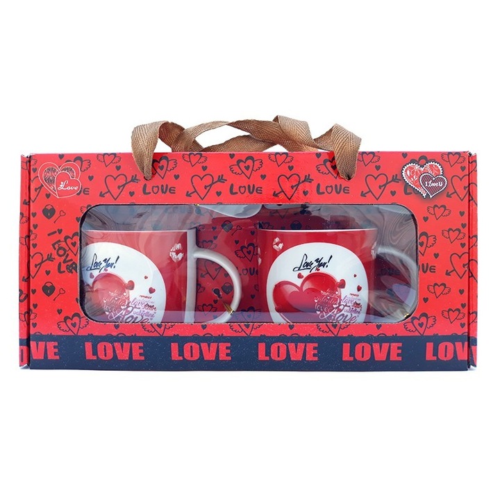 Set 2 cani din ceramica cu lingurita, cu inimi si text "I love you", 30x16cm