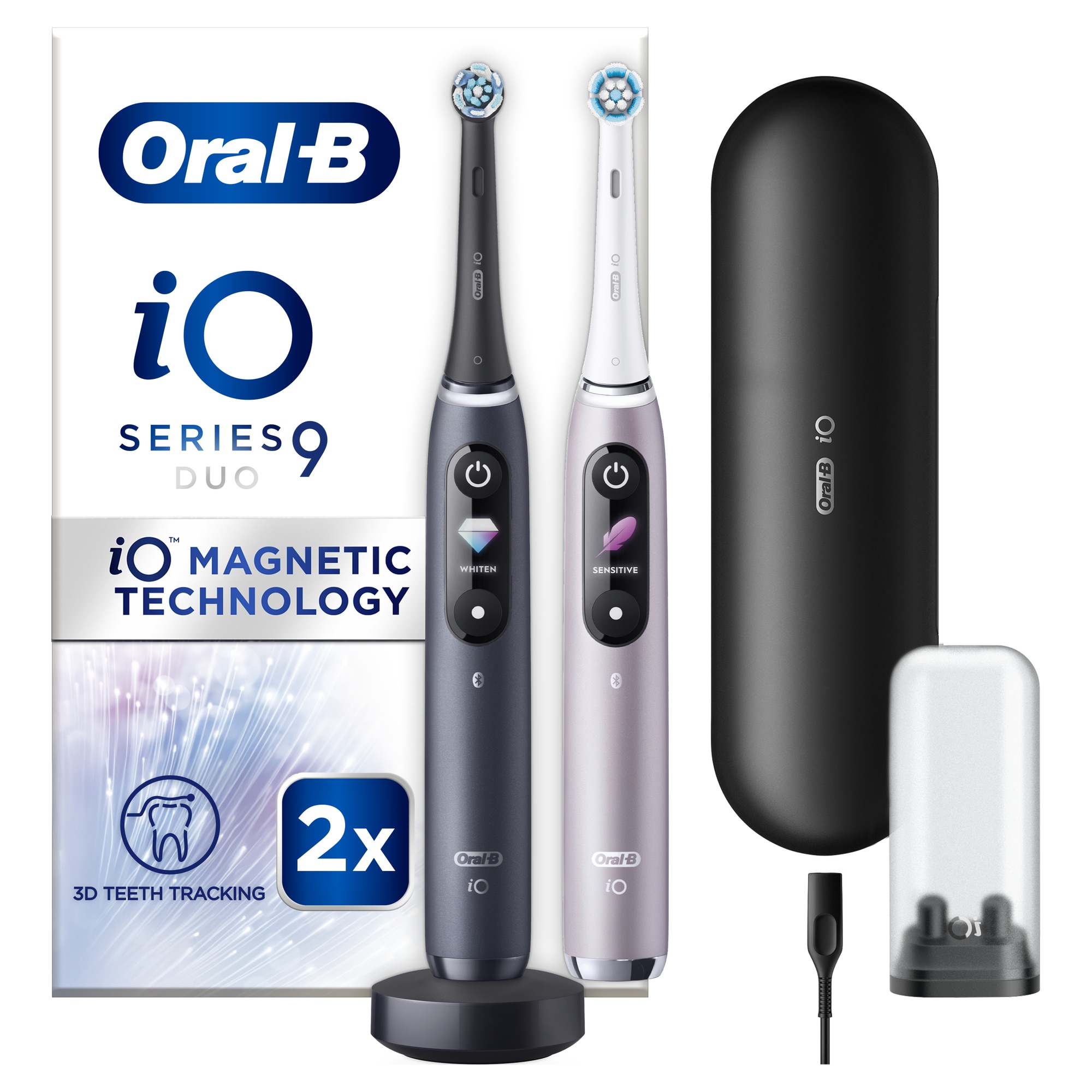 Set 2 x Periuta de dinti electrica Oral-B iO9 cu Tehnologie Magnetica si Micro-Vibratii, Inteligenta artificiala, Display led, Senzor de presiune Smart, Timer vizibil, 7 moduri, 1