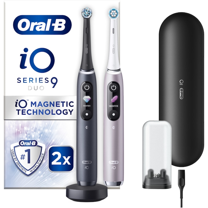 Комплект 2 x Ел. четка за зъби Oral-B Io9, С магнитна и микровибрационна технология, Изкуствен интелект, LED дисплей, Смарт сензор за налягане, Таймер, 7 режима, 1 магнитно зарядно, 1 комплект за пътуване, Черен/Розов