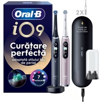 Set 2 x Periuta de dinti electrica Oral-B iO9 cu Tehnologie Magnetica si Micro-Vibratii, Inteligenta artificiala, Display led, Senzor de presiune Smart, Timer vizibil, 7 moduri, 1 incarcator magnetic, 1 Trusa de calatorie cu incarcator, Negru/Roz