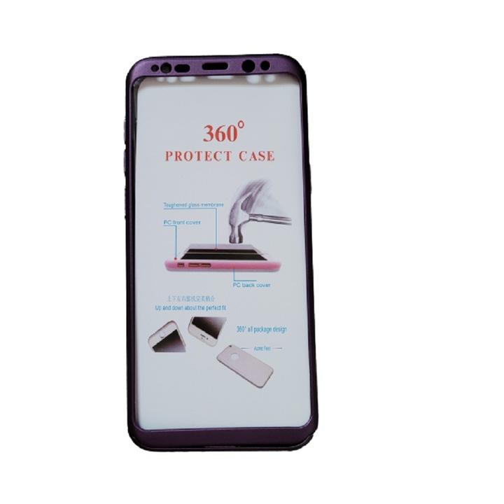 Комплект предпазни капаци, състоящ се от 3 предни и задни части и силиконово фолио, съвместими с Samsung Galaxy S8 Plus, S8+ Purple