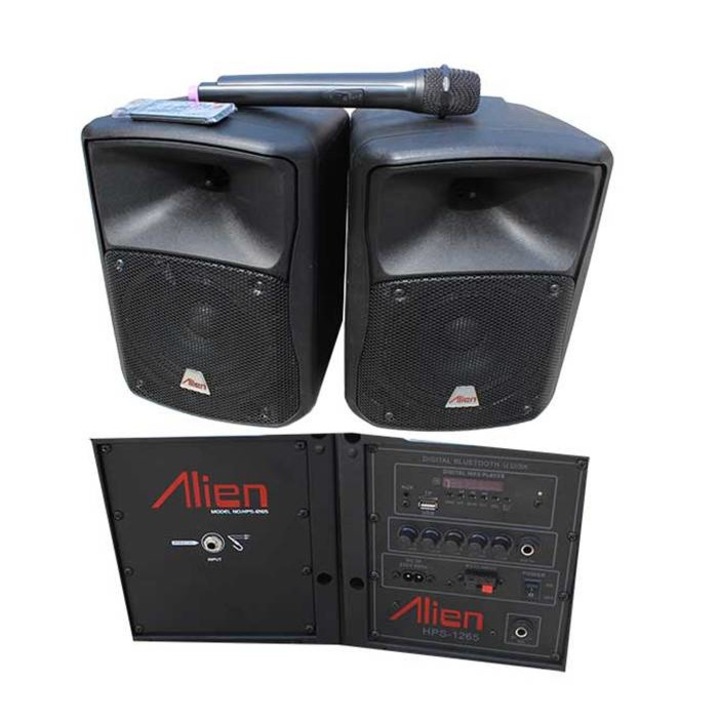 Karaoke hangszórók Alien HPS-1265, 6,5" beépített erősítő, 1 vezeték nélküli mikrofon, távirányító, 2x60W