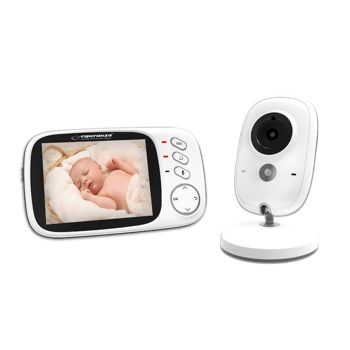 Бебефон с камера Esperanza EHM002, 50 метра, Батерия 20ч, Термометър, Нощно виждане, LCD екран, Бял