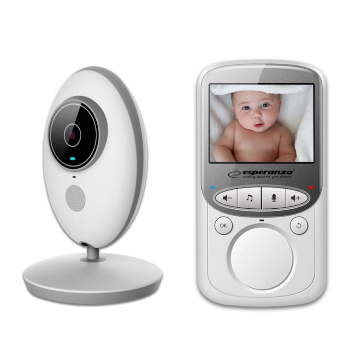 Бебефон с камера Esperanza EHM003, 50 метра, Батерия 20ч, Термометър, Нощно виждане, LCD екран, Бял