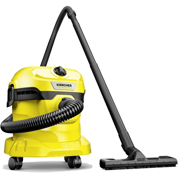 Прахосмукачка за мокро-сухо почистване Karcher WD 2 Plus V-12/4/18, 1000 W, контейнер 12 л, маркуч 1,8 м, функция за издухване, филтърна торба, 1.628-000.0, жълт/черен