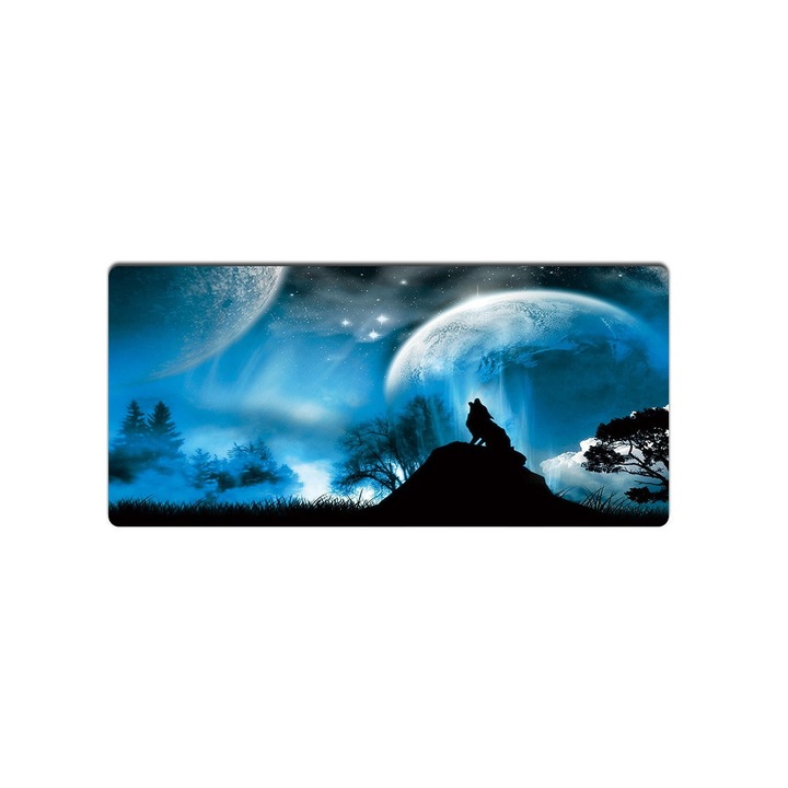 Mousepad Gaming Profesional cu Baza Cauciucata si Cusaturi Laterale, Compatibil cu Orice Tip de Mouse pentru Calculator si Laptop, Model Caine Lup Urland la Luna, Dimensiune Mare Premium 90 x 40 cm, GARAMI SHOP®