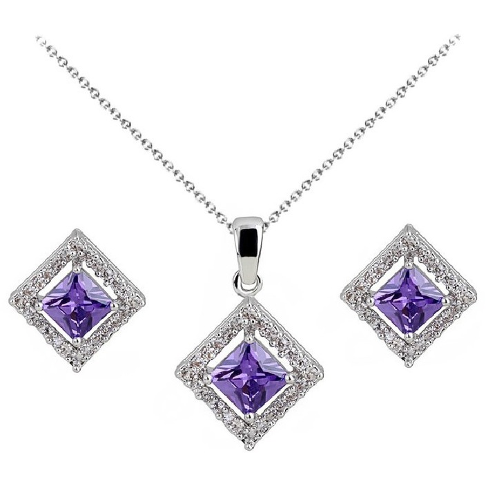 Set argint, cercei si pandantiv model romb cu cristale mov Power Violet