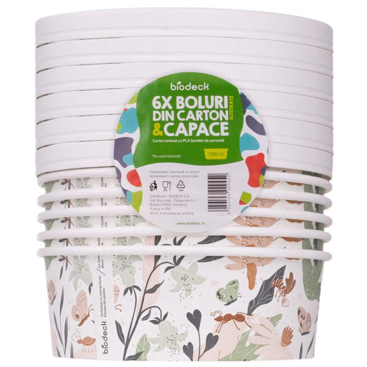 Set Boluri Carton Pla Mura Cu Capace Albe Top 184 mm 1200 ml 6 buc