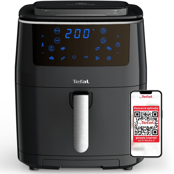 Friteuza cu aer cald Tefal EasyFry Grill & Steam air fryer FW201815, 1700 W, 7 programe automate, capacitate 6.5L, tehnologie ExtraCrisp, functie gatit la abur, negru