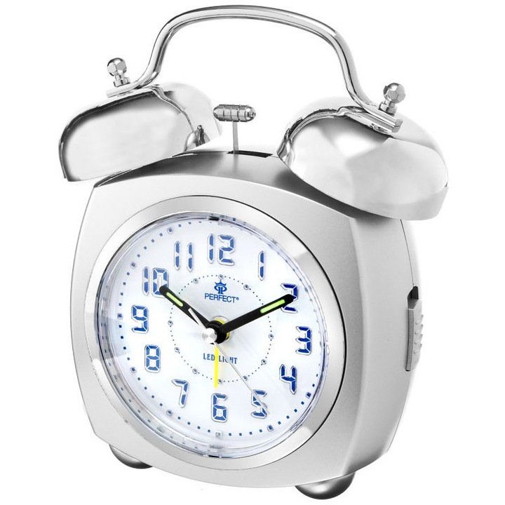 Ceas decorativ desteptator, Perfect, Plastic, Argintiu/Alb