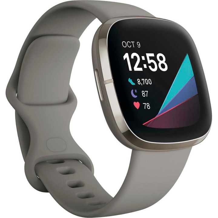 Смарт часовник Fitbit Sense, Неръждаема стомана, Цифров дисплей, Силиконова каишка, Сив