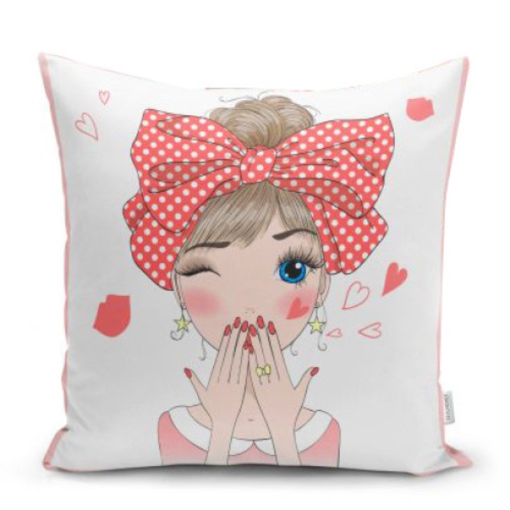 Perna decor 46, 43x43cm, husa detasabila, gramaj 200 g, burduf, poliester, culoare alb, fata cu funda