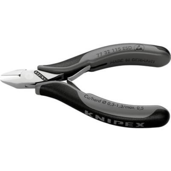 ESD elektronikai oldalcsípőfogó, lágy/közepes/kemény huzal max.: O 1,3/1/0,5 mm, Knipex 77 32 115 ESD (77 32 115 ESD)