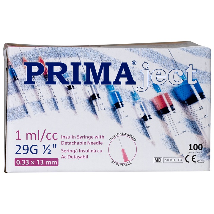 Set Seringi Insulina Prima, 1 ml, Ac 29G 1/2, 0.33x13mm, Roz, Ac Detasabil, Piston Cauciuc, 100buc