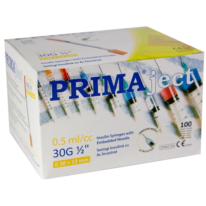 Set Seringi Insulina Prima, 0.5 ml, Ac 30G 1/2, 0.30x13mm, Ac Incastrat, Piston Cauciuc, 100buc