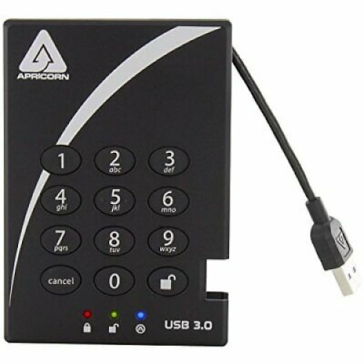 Външен твърд диск Apricorn A25-3PL256-2000, 2TB, USB 3.0, черен