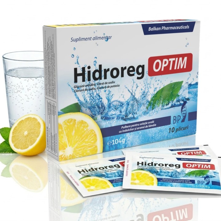 Supliment Hidroreg Optim Balkan Pharmaceuticals, Solutie rehidratare cu electroliti, Na, K, Cl, citrat si dextroza, Formula OMS pentru echilibru hidroelectrolitic, Aroma lamaie, Pulbere pentru solutie orala, 10 plicuri, pentru copii si adulti