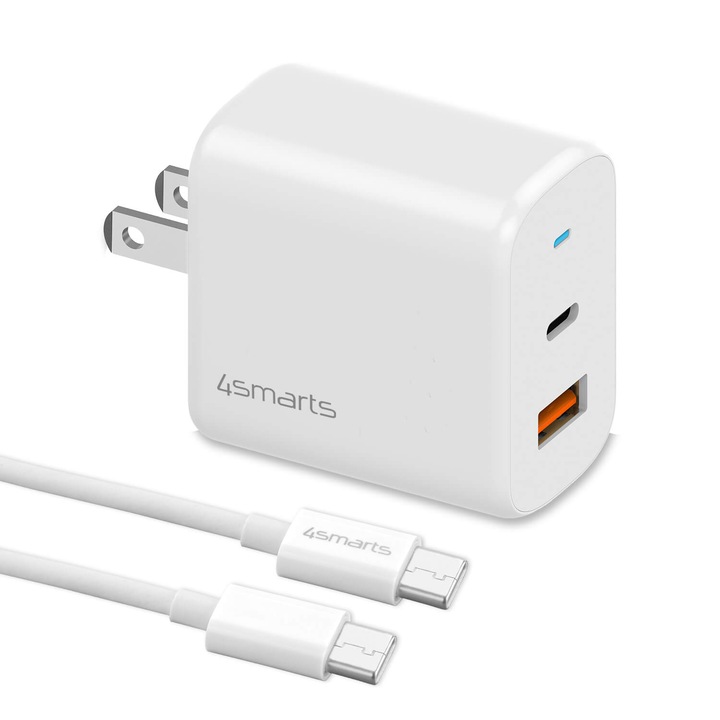 Alimentare cu USB-A si USB-C, cablu USB-C si adaptoare pentru standardul SUA si Marea Britanie 18W, 4smarts Set VoltPlug, alb