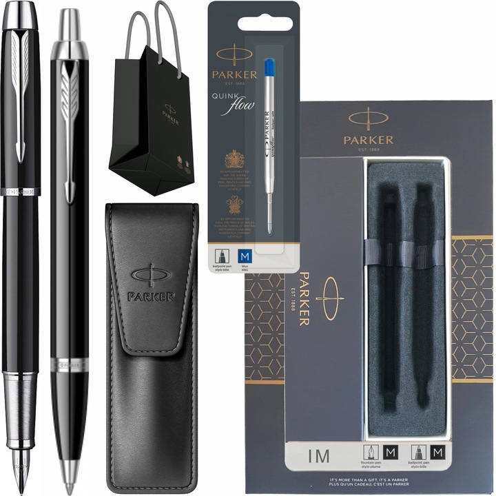 Set Stilou Pix Parker IM Standard Black CT cu gravura laser inclusa, etui Leather Black, rezerva mina si punga Parker