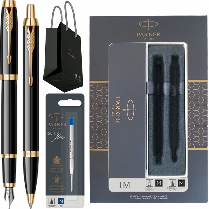 Set Stilou Pix Parker IM Royal Black Lacquer GT cu gravura laser inclusa, rezerva pix, cutie si punga Parker