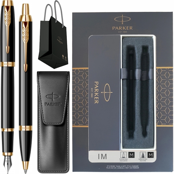 Set Stilou Pix Parker IM Royal Black Lacquer GT cu gravura laser inclusa, etui Leather Black in cutie si punga Parker