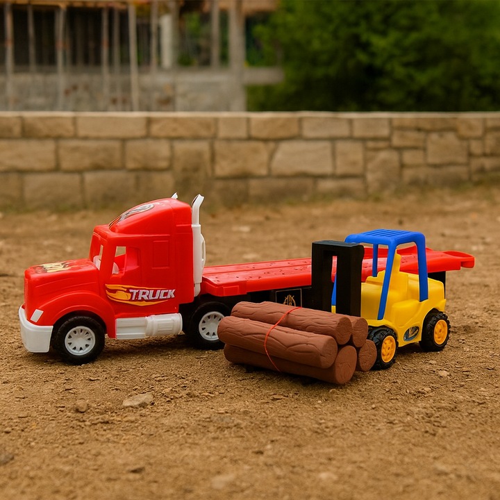 Set 2 masinute,1 X Tractor inertial, 1 x, motostivuitor cu lemne, cabina rosu