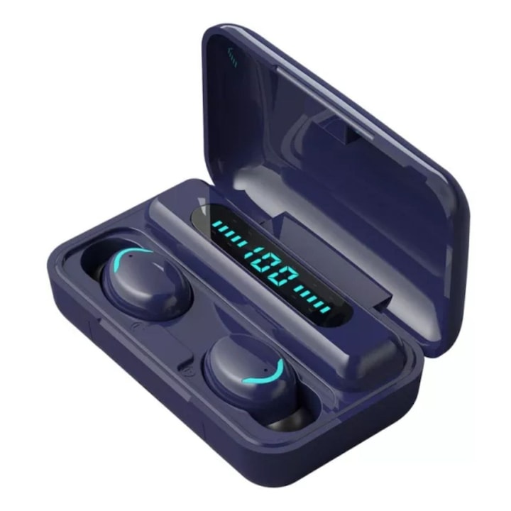 Безжични слушалки Planet Tech, F9-5C, Bluetooth 5.0, TWS, Стерео, IPX7, Цифров дисплей, Водоустойчиви, Тъмно син