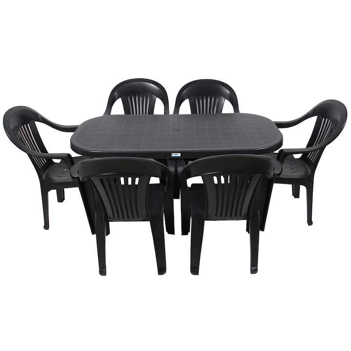 IdealStore kerti asztalkészlet, 6 székkel és asztallal, 140x70x70cm, erősített ellenállás, Kiváló minőségű UV-álló műanyag, Víz- és magas hőmérsékletálló, Antracit