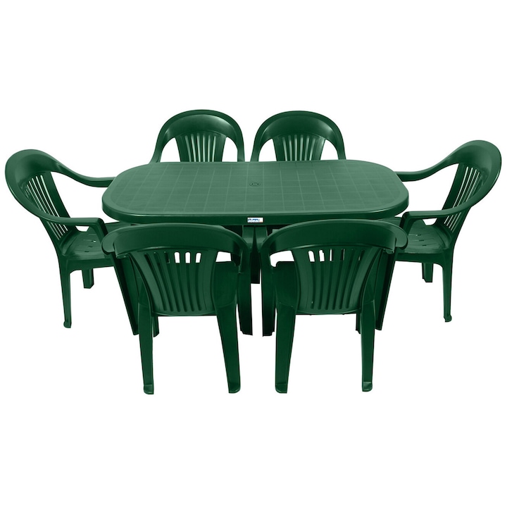 IdealStore Kerti asztalkészlet, 6 székkel és asztallal 140x70x70cm, Fokozott ellenállás, Kiváló minőségű UV-álló műanyag, Víz- és magas hőmérsékletálló, Zöld