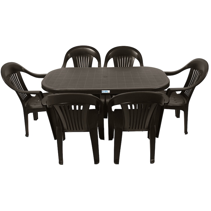 IdealStore kerti szék és asztal készlet, 6 db szék, 140x70x70cm, Fokozott ellenállás, Kiváló minőségű UV-álló műanyag, Víz- és magas hőmérsékletálló, Cappuccino