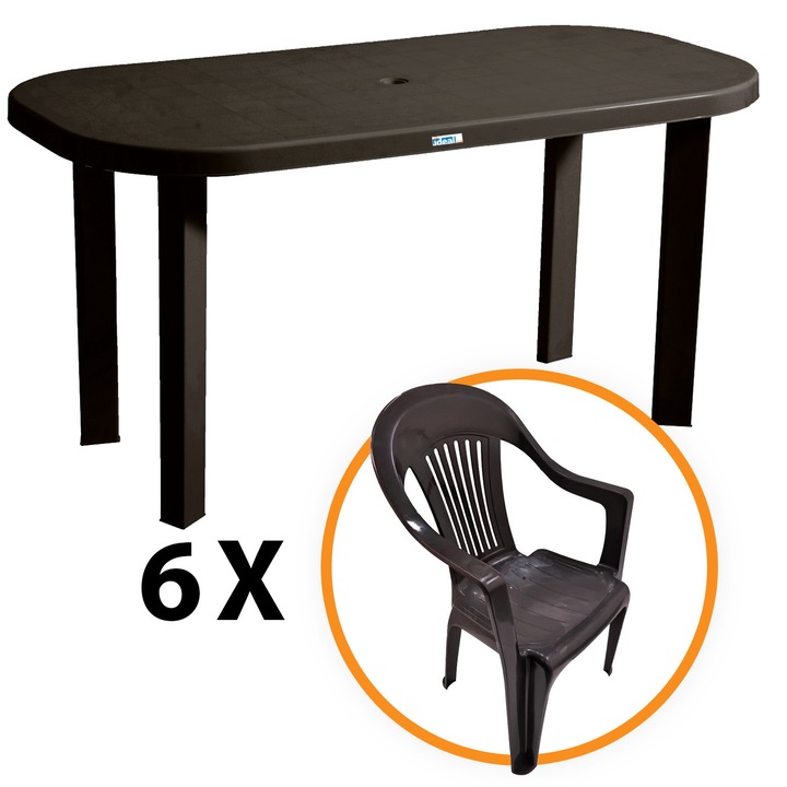 IdealStore kerti szék és asztal készlet, 6 db szék, 140x70x70cm, Fokozott ellenállás, Kiváló minőségű UV-álló műanyag, Víz- és magas hőmérsékletálló, Cappuccino