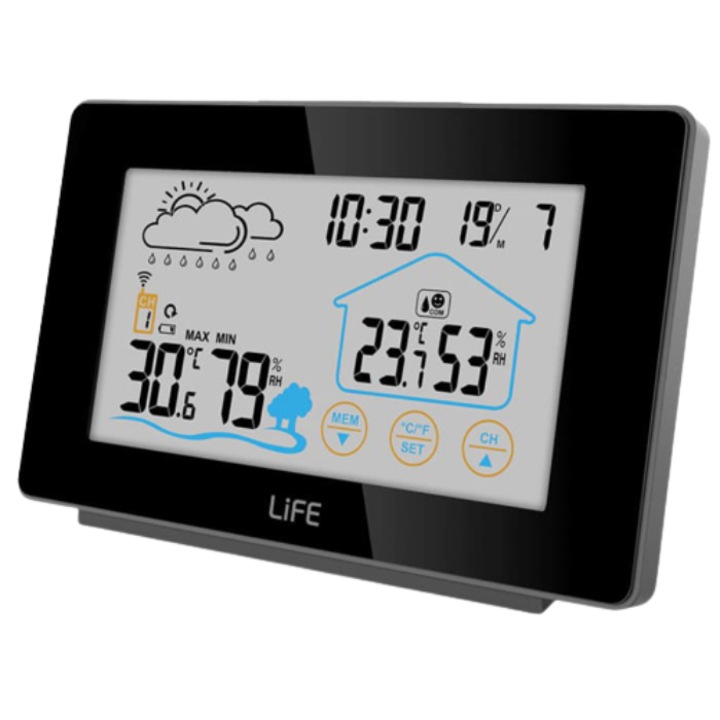 Statie meteo cu taste tactile pe ecran si senzor extern wireless, Negru