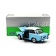 Welly 24037BLW kék-fehér 1:24 15cm kétütemű kék Trabant 601 DeLuxe 2T Trabi fehér tetővel, részletgazdag fém modell autó, nyitható ajtókkal és motorháztetővel
