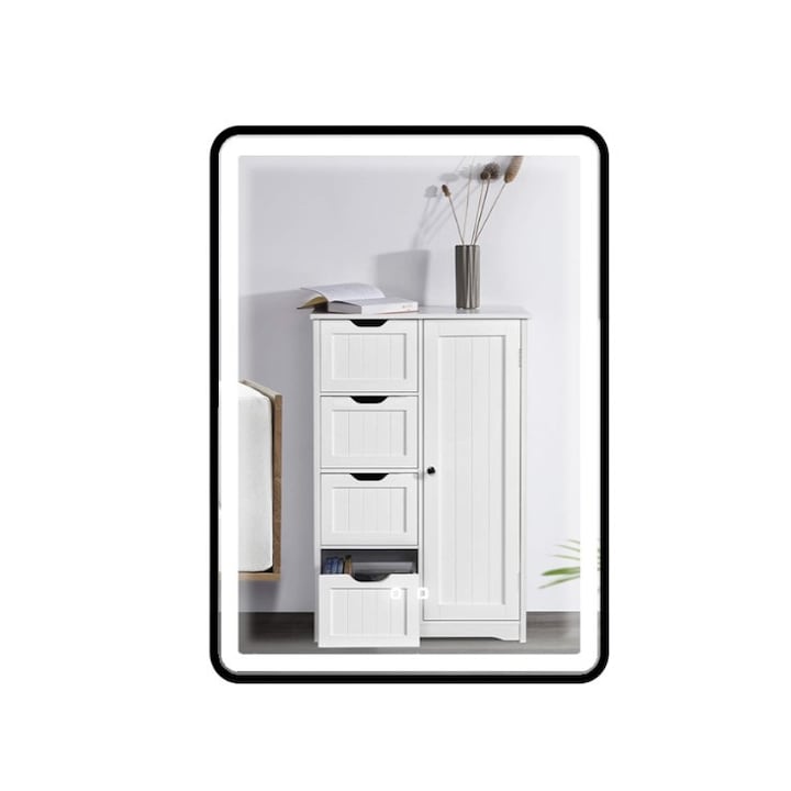 Oglinda LED 60x80 cm, cu intrerupator touch si functie de dezaburire, cu rama din aluminiu neagra