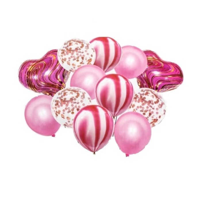 Set 12 Baloane folie Curcubeu, latex si Confeti roz, 35 cm