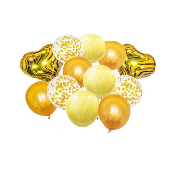 Set 12 baloane folie curcubeu, latex si confeti aurii, 35 - 70 cm