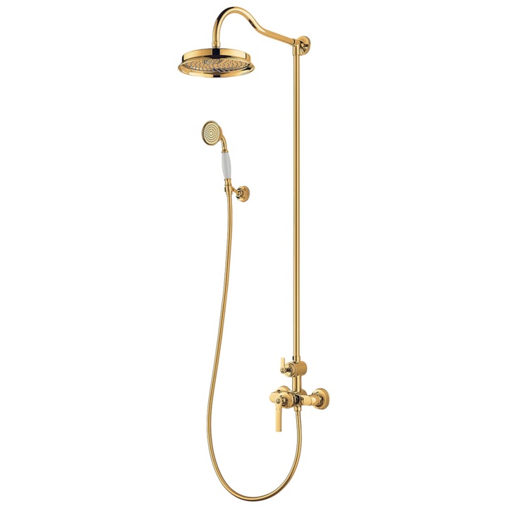 Sistem de dus OMNIRES Armance Vintage, finisaj PVD, Auriu, duze silicon Easy Clean, montaj pe perete