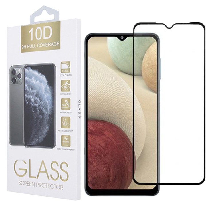 Samsung Galaxy A12 / A12 Nacho / A32 5G / A04s / A13 5G kompatibilis üvegfólia, előlapi, 10D, edzett, hajlított, fekete kerettel