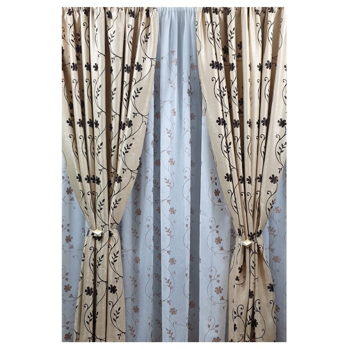 Set MASTEL 2 draperii black-out 2x100x245cm bej-maro cu perdea brodata 300x245cm ivoire model B1 confectionate cu rejansa