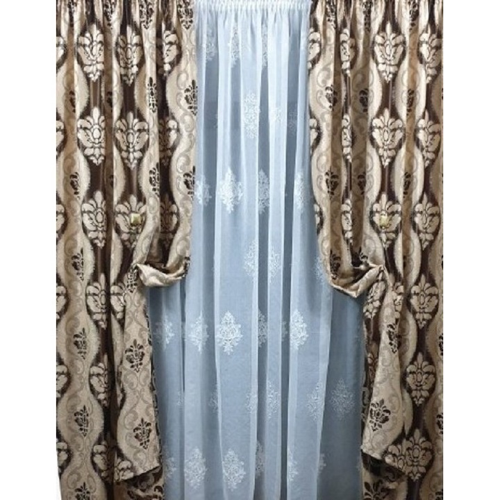 Комплект 2 затъмняващи завеси MASTEL 2x140x245см бежово-кафяво с бродирана завеса 350x245см слонова кост B9 изработени с rejance