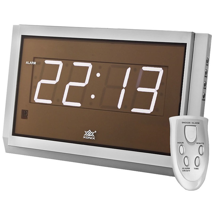 Ceas decorativ desteptator cu telecomanda, Xonix, PLastic, 32 cm, Argintiu/Alb